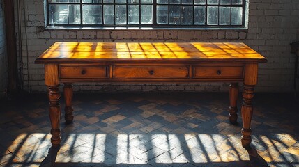A wooden table illuminated by sunlight, casting shadows on a patterned floor.