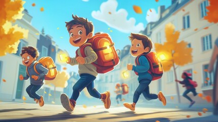 Naklejka premium Joyful Children Running with Backpacks in a Colorful Autumn Scene