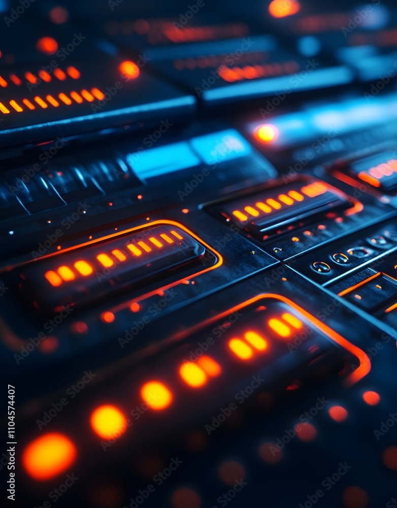 Poster abstract digital interface with glowing elements and controls, suggesting technology and innovation.