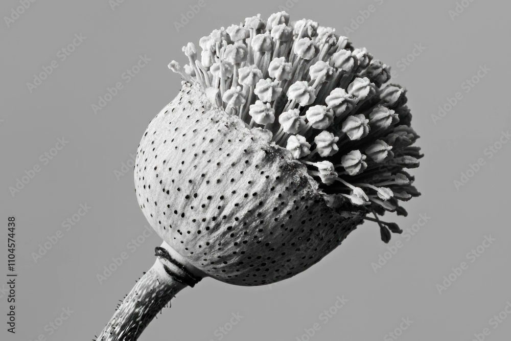 Poster black and white close-up of a unique flower head showcasing its intricate structure and delicate pet