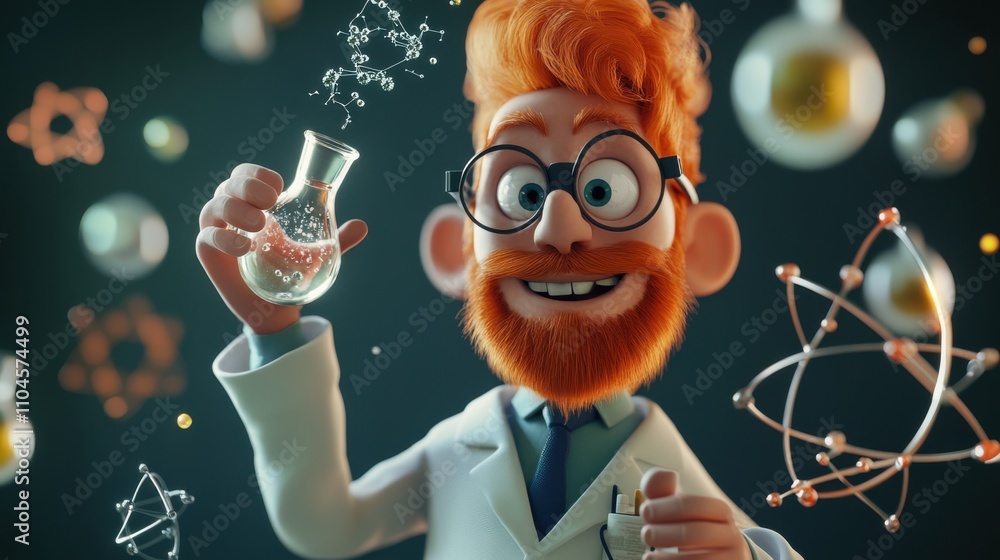 Poster cheerful cartoon scientist holding flask with colorful experiments