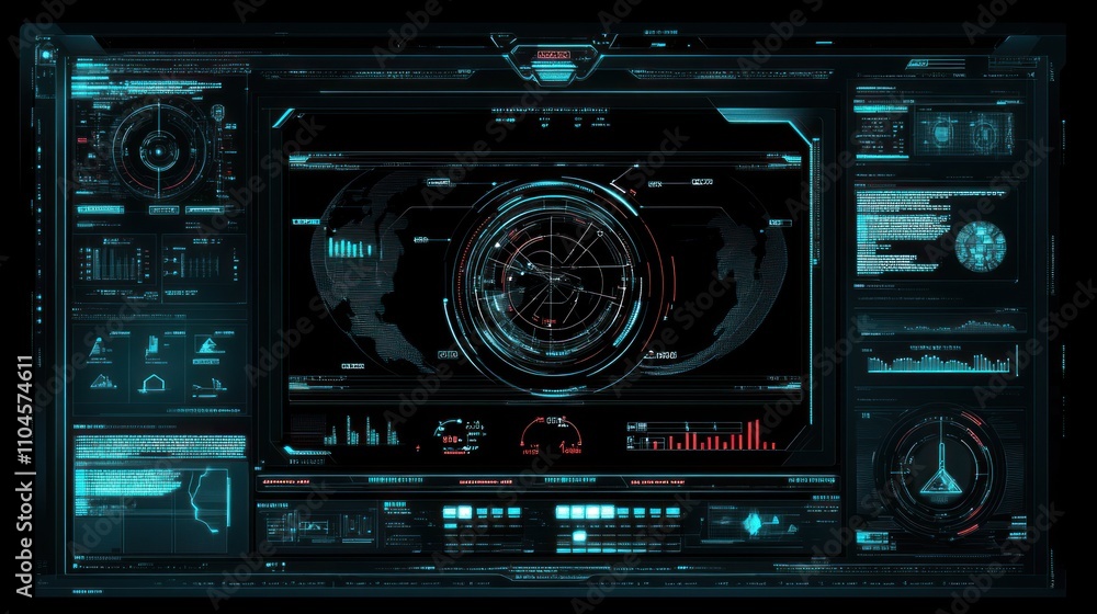 Poster futuristic digital interface displaying data analytics and navigation systems.