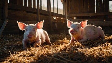 Cute piglets playfully exploring their cozy barn environment in soft morning light