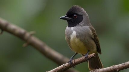 Obraz premium Small grey bird perched on a branch, showing its black cap and yellow belly.