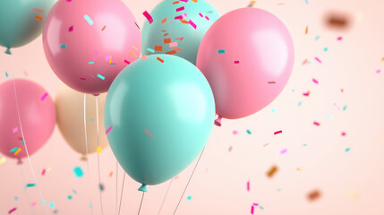 Pastel-hued metallic 3D birthday balloons, gently rising with silky ribbons, perfect for a chic and minimalist birthday celebration.