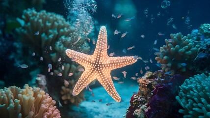 Vibrant Starfish Swimming Above a Colorful Coral Reef