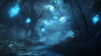 Obraz premium Cosmic realm, mystical galaxies, glowing fog, 3d illustration. Mystical. Illustration