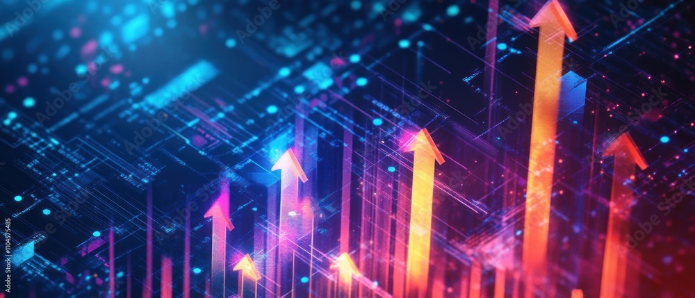 Poster abstract digital representation of upward trends with vibrant arrows and data elements.