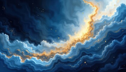 Abstract cosmic landscape shows wavy layers of deep blue, light blue with golden accents. Golden streaks flow through textured surface like cosmic rivers. Cosmic scene with ethereal beauty. Art deco