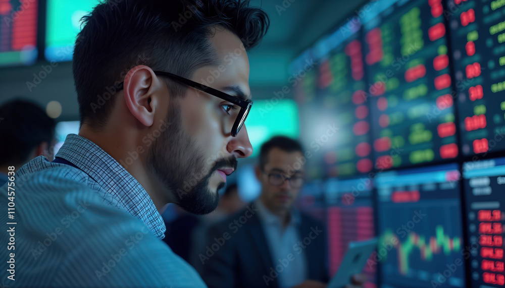 Aufkleber focused trader intently observes stock market data displayed on screens. serious analysis of stock e
