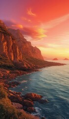 Fototapeta premium sunset over the ocean with a rocky cliff and a body of water