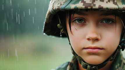 A brave girl soldier stands tall in the rain, her helmet glistening, embodying strength and resilience in tough times.