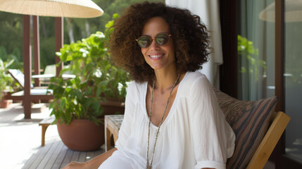 Happy young woman in shades rests on a deck chair at a sunny beach, smiling and enjoying her tropical vacation.