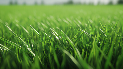 Fine blades of grass spread evenly across a lush green field during a sunny day in spring