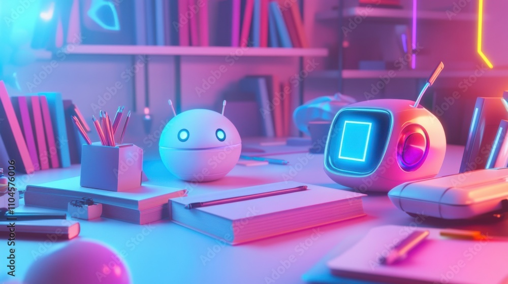 Poster cute robot characters in a colorful study room with stationery