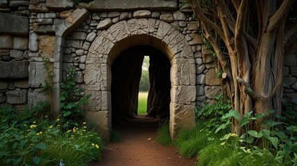 Stone archway in overgrown ruins leading to a path.