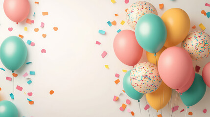 Glossy metallic balloons in vibrant hues, surrounded by colorful confetti, arranged elegantly on a clean white backdrop for a chic, minimalist celebration.