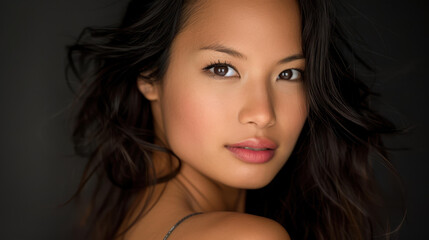 Obraz premium A confident young Asian woman with dark hair, radiating positivity while gazing directly into the camera.