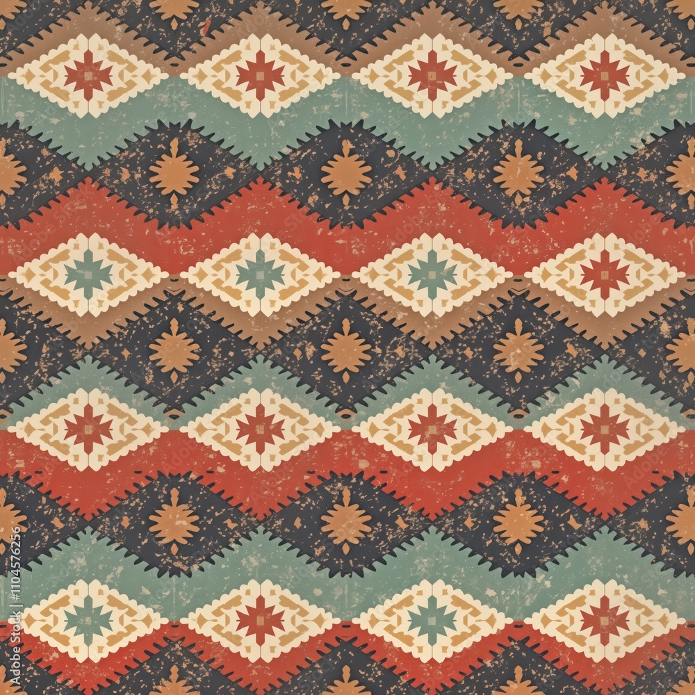 Aufkleber Colorful chevron pattern rug design. Ethnic style. Grunge effect adds textured look. Decorative pattern. Boho style. Suitable for fabrics. Handmade graphic print. Repeating motifs. Rug carpet.