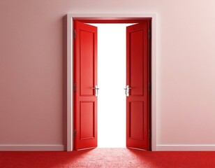 Open the door. Symbol of new career, opportunities, business ventures and initiative. Business concept. 3d render, white light inside open door isolated on blue background. Ai generated images