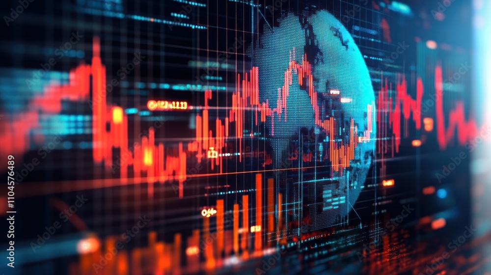 Poster a digital representation of global data trends with a globe and financial graphs.