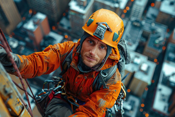 An industrial climber hangs at heights, skillfully and safely performing complex tasks on buildings and structures.