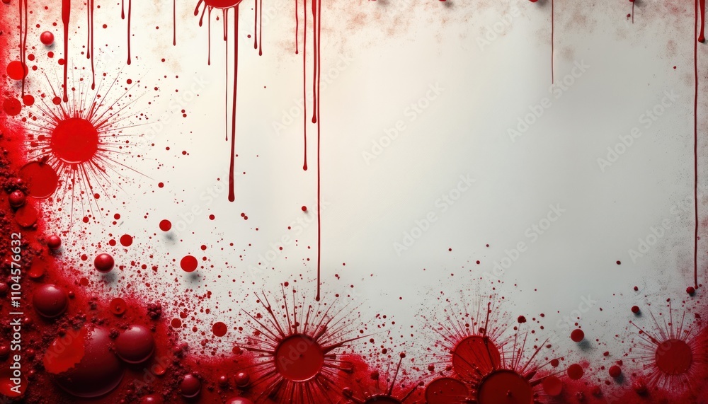 Poster abstract art illustration. red paint splatters, drips on dirty white wall. paint texture creates dra