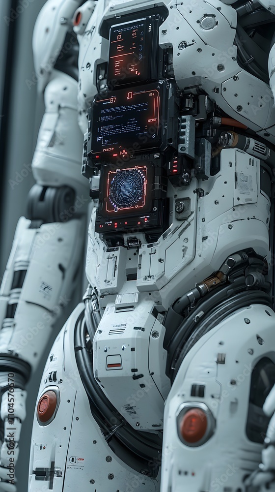 Poster close-up of a futuristic robotic suit with intricate details and digital interfaces.