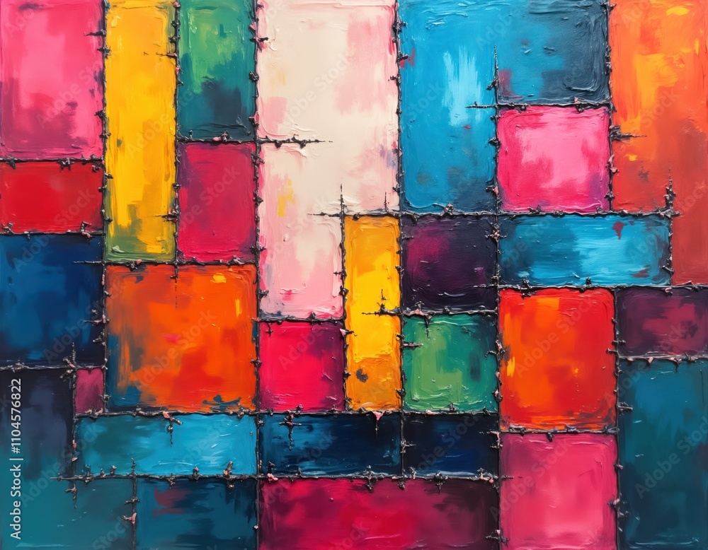 Poster Colorful abstract wall art painting. Vibrant blocks of color form a grid pattern. Intricate textures and bold hues create a dynamic visual effect. Modern and eye-catching art piece. Ideal home decor.