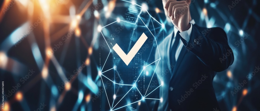 Poster A businessman interacts with a digital interface displaying a checkmark symbol.