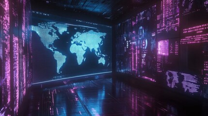 Futuristic Digital Room with World Map and Neon Lights Display