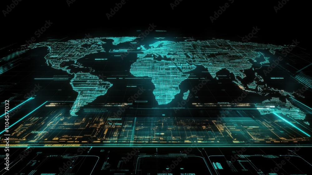 Poster futuristic digital world map with neon glow and circuit patterns