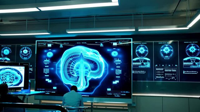 Advanced medical imaging technology showcasing brain MRI scans in neon blue for neurological research and diagnostics.