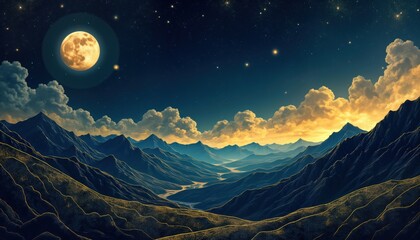 Nighttime mountain landscape with large moon, starry sky. Vivid colors, detailed mountainscapes. Majestic view of serene valley between mountains. Golden light touches peaks, clouds. Abstract