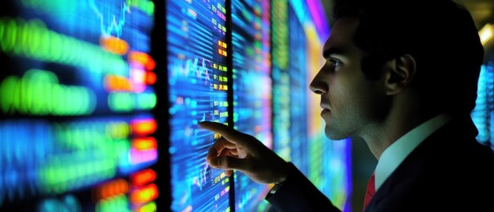 Naklejka premium A professional analyzing digital stock market data on screens.