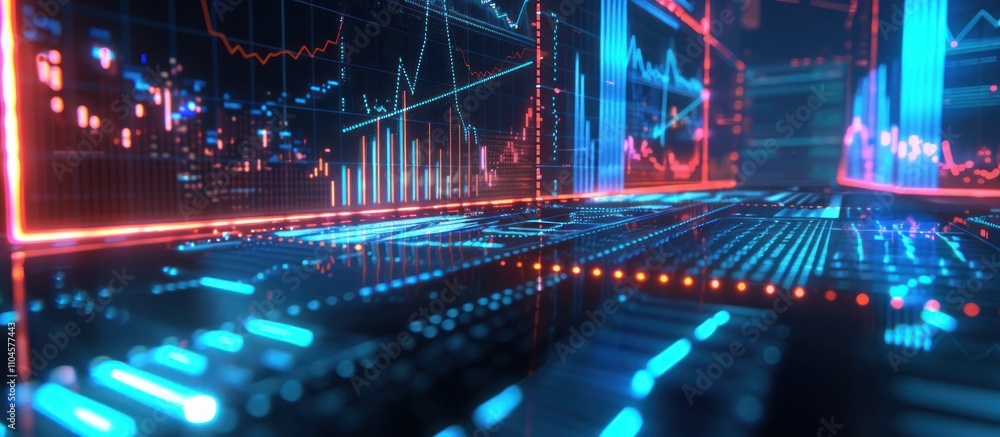 Poster a futuristic digital interface displaying data analytics and financial graphs.
