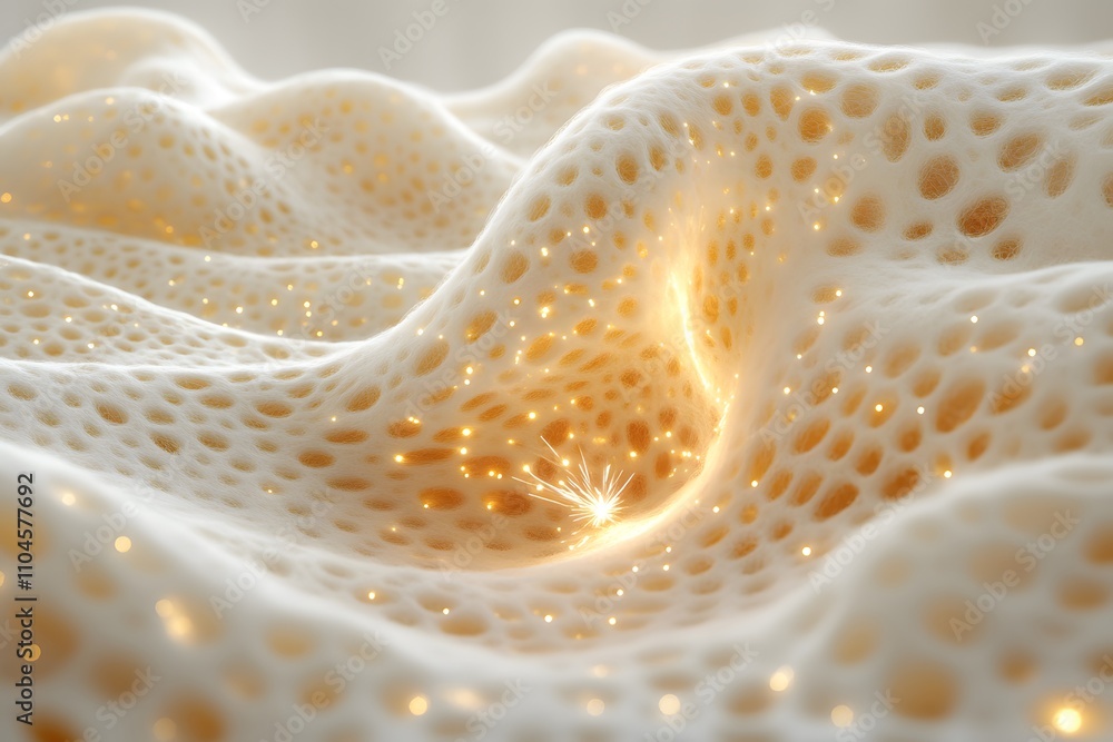 Poster abstract representation of textured surfaces with glowing elements.