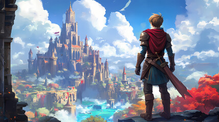 A young warrior stands before a majestic castle, ready for adventure in a mystical realm of magic and wonder. Mystical. Illustration