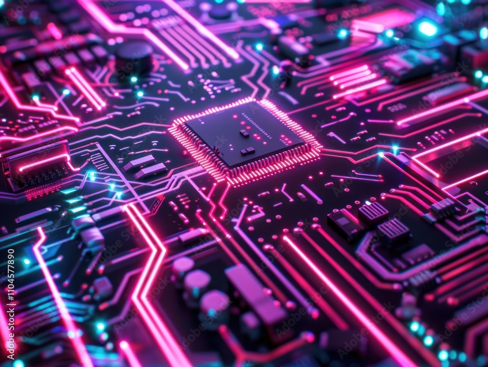 Poster a close-up of a vibrant circuit board with neon lights and a central microchip.