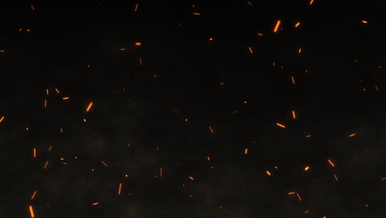 Glowing cinematic fire particles rising up with smoke and haze. Fire sparks flying fast with the wind. Bonfire, fire flakes background, fire ashes flow. Hot burning blaze, big flame, and disaster. 
