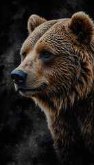 Obraz premium Dark Background Brown Bear Photography for Focused, Emotionally Charged Animal Portraits