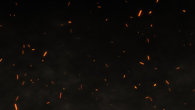 Glowing cinematic fire particles rising up with smoke and haze. Fire sparks flying fast with the wind. Bonfire, fire flakes background, fire ashes flow. Hot burning blaze, big flame, and disaster. 