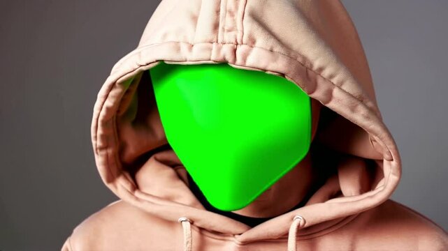 Beige hoodie with green screen patch, hanging against neutral background, ideal for fashion branding and product mockups