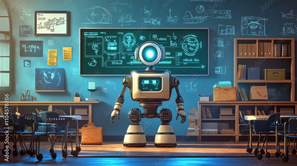 Poster friendly robot teacher in futuristic classroom setting