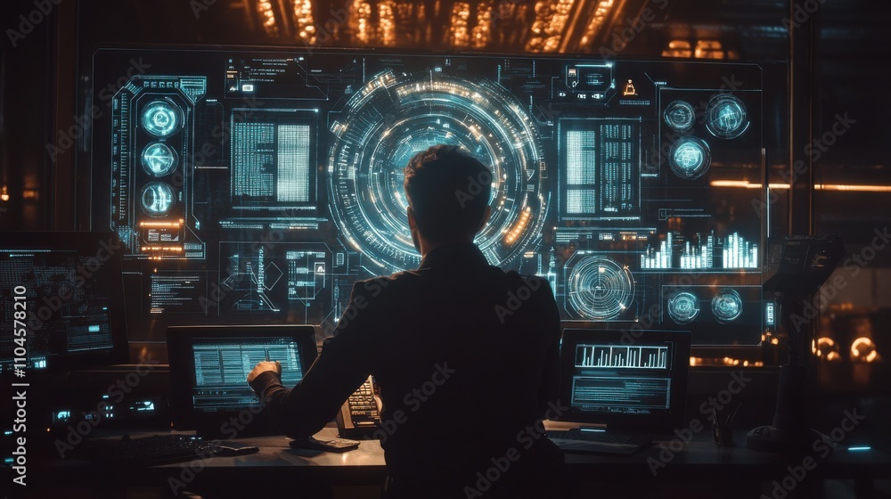 Aufkleber futuristic backlit workspace with high-tech interface and monitors