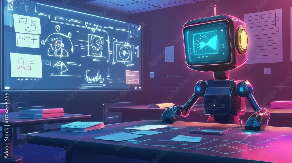 Poster futuristic robot in a modern workspace analyzing digital designs