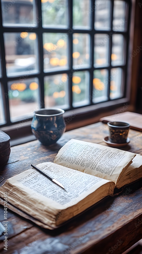 Poster an open book rests on a wooden table, surrounded by cups and a window with soft lighting.