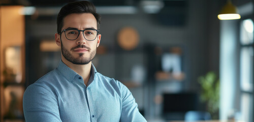 Obraz premium Confident Young Professional in Modern Office Setting with Arms Crossed
