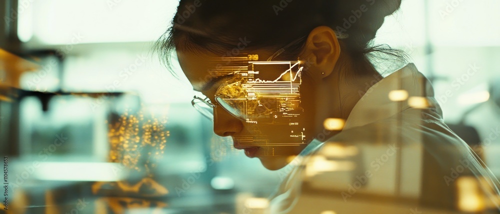 Poster a focused scientist analyzing data in a lab setting with digital graphics overlay.