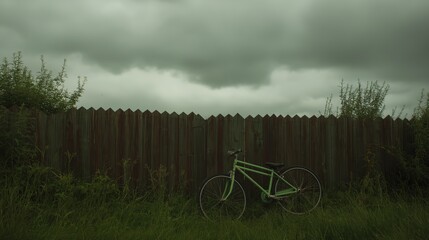 Obraz premium Lone bicycle against a rustic fence on a cloudy day